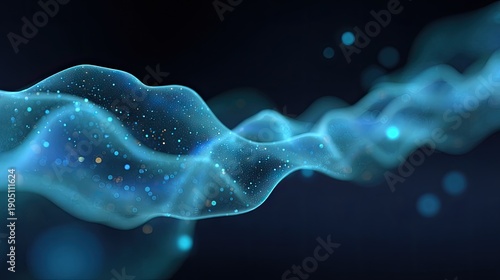 Abstract flowing wave with luminous particles and soft curves in blue tones against a dark background, representing energy and movement.