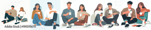 vector couple sitting on floor drinking coffee together