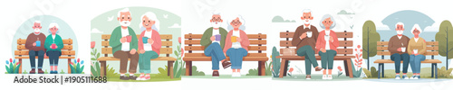 vector old couple sitting on park bench drinking coffee together