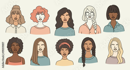 Diverse group of women faces illustration showcasing various hairstyles and emotions from a straightforward viewpoint