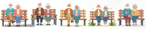 vector old couple sitting on park bench drinking coffee together
