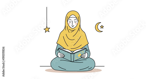Woman in yellow hijab reading a book under star and crescent moon illustration