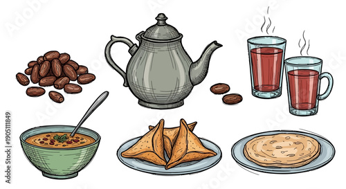 Assorted food items and beverages including samosas, coffee, and pancakes displayed on a clean white background from a straightforward viewpoint
