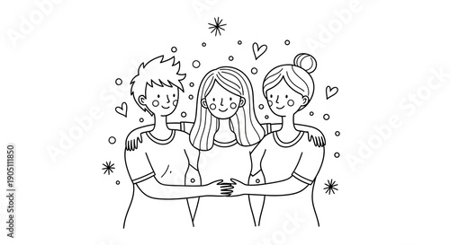 Three friends holding hands together surrounded by hearts and stars in a whimsical illustration