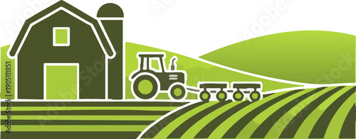 Agricultural Farm Scene Illustration with Tractor and Barn