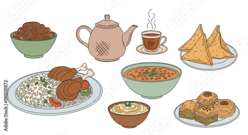 Assorted dishes and teapot on table, various cuisine, dining setting, food illustration, culinary experience, top view