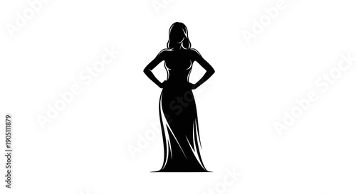 Silhouette of a confident woman standing with hands on hips, elegant dress, vector illustration, Whisk-inspired art, isolated on a clean background