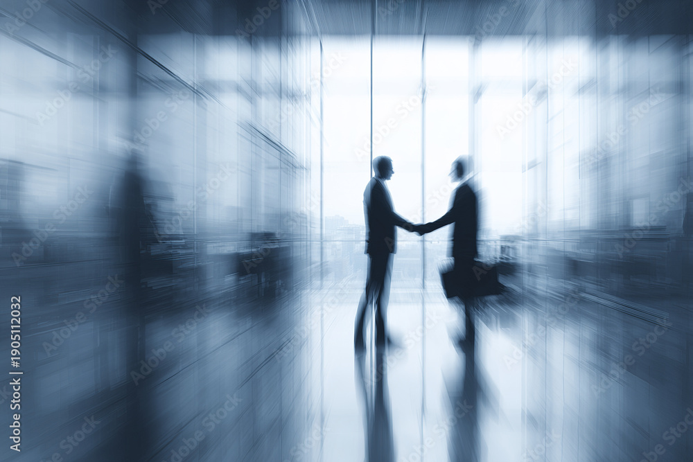 Fototapeta premium Business handshake between two blurred businessmen in modern office with large windows, symbolizing partnership and professional agreement in dynamic corporate environment