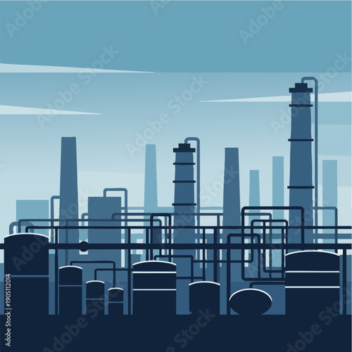 Detailed industrial plant and refinery architecture vector graphic