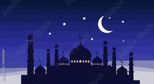 Silhouette of mosque with crescent moon and stars in night sky illustration