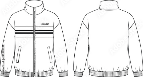 Black and White Technical Vector Illustration of Unisex Track Jacket Front and Back View for Fashion Design Manufacturing Streetwear Apparel and Professional Clothing Tech Pack Projects