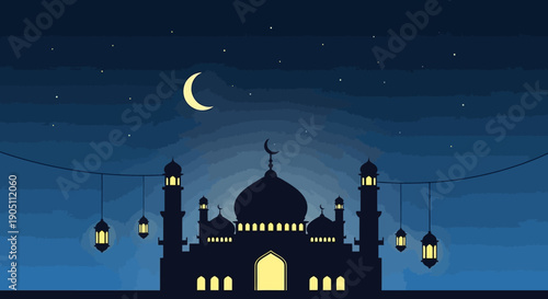 Serene mosque silhouette at dusk with crescent moon and lanterns, a peaceful evening scene
