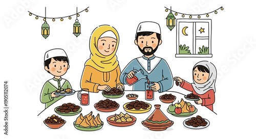 Family gathered around a festive table celebrating a special occasion with traditional food and decorations in a cozy home environment from a front viewpoint