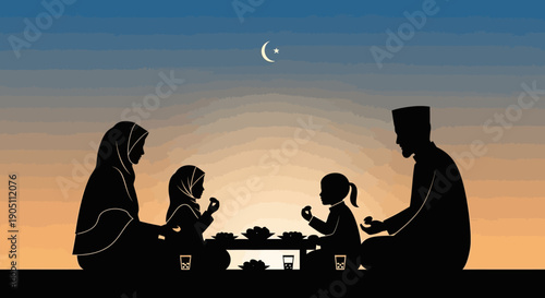A family gathering together for a meal at dusk with a serene landscape and crescent moon above.