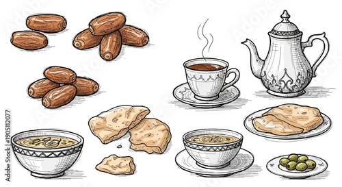 Traditional Middle Eastern tea setting with dates, pastries, and snacks on a crisp white background, viewed from directly above.