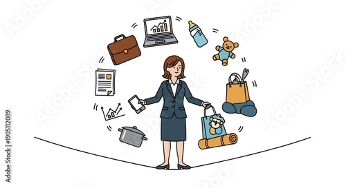 A professional woman juggling various office and personal items on a tightrope, surrounded by icons representing work and lifestyle, in a simple illustration style.