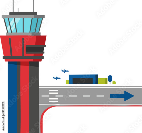 Air Traffic Control Tower and Airport Runway Flat Illustration