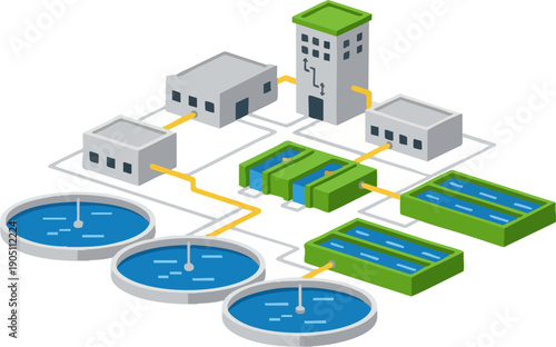 Isometric illustration of industrial water treatment plant process