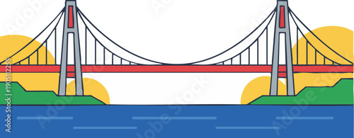 Modern suspension bridge flat vector illustration spanning a blue river.