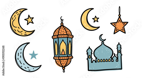 Illustration of Islamic symbols including lantern, mosque, crescent moon, and stars in a celebratory environment from a straightforward viewpoint.