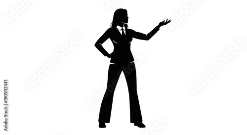 Businesswoman presenting with confidence and authority, standing in a professional pose with hand on hip and pointing forward, silhouette illustration