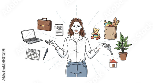Woman surrounded by lifestyle elements, multitasking with various objects floating around her in an illustrative style