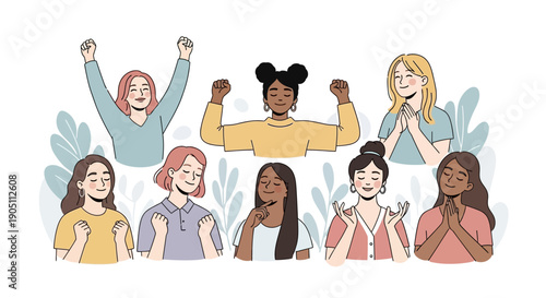 Diverse group of women standing together in solidarity and celebration from a frontal viewpoint
