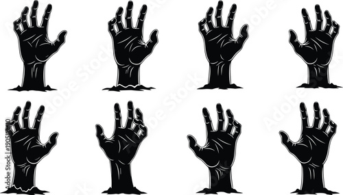 Black and White Vector Illustration Set of Eight Creepy Zombie Hands Rising from the Ground for Halloween Horror Gothic and Spooky Graphic Design Projects
