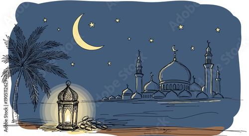 Serene Night Scene of Mosque and Lantern under Crescent Moon in Desert Landscape