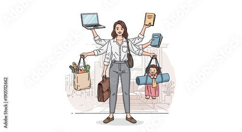 Multitasking Businesswoman with Laptop and Shopping Bags in Urban Environment