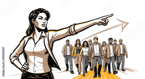 Confident businesswoman leading a team of professionals in a modern office environment from a forward viewpoint with a clear direction