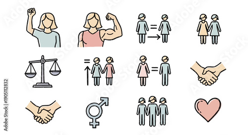 Empowered women icons set showcasing equality, justice, and unity through simple vector illustrations.