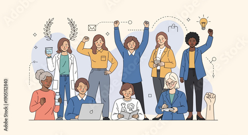 Diverse group of people celebrating success with laptops and lightbulbs in a modern collaborative environment from a straightforward viewpoint