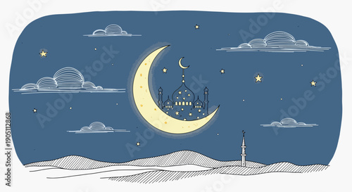 Whimsical illustration of moonlit mosque and crescent moon in night sky with clouds and stars