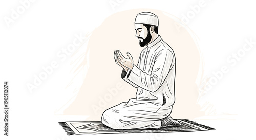 Man sitting on prayer mat in contemplative pose with hands raised in devotion