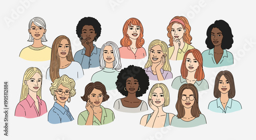 Diverse group of women from various ethnic backgrounds gathered together in a graphic illustration
