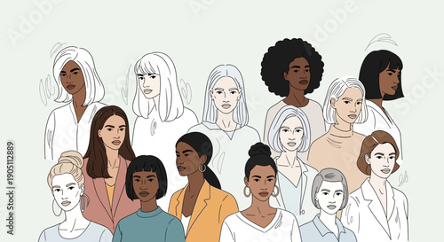 Diverse group of people standing together in a modern setting from a straightforward viewpoint in an illustration