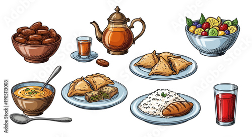 Assorted traditional pastries and beverages displayed on plates and in teapot, Whisk-inspired digital illustration
