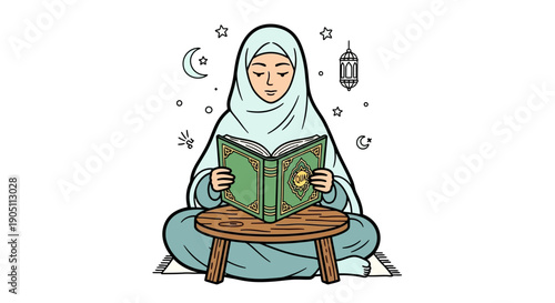 A serene woman in hijab reads a book on a wooden stool under celestial bodies