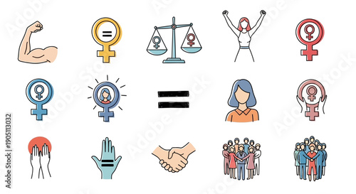 Equality and empowerment icons symbolizing gender balance and unity in a modern illustration style