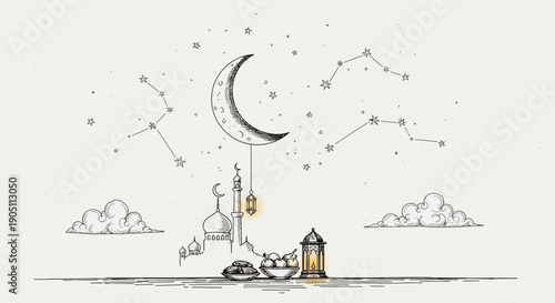 Moonlit Night Sky with Constellations and Camel Silhouette Illustration