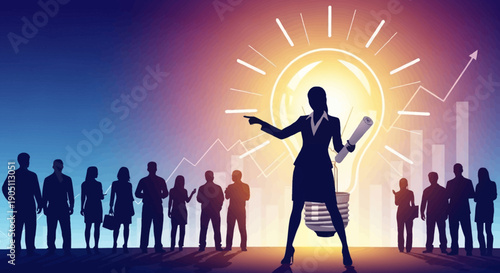 Business leader presenting to a team with a glowing lightbulb graphic symbolizing innovation and growth strategy