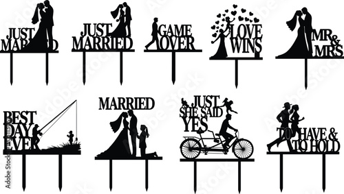 Black and White Vector Silhouette Illustration Set of Nine Wedding Cake Toppers Featuring Brides Grooms and Romantic Quotes for Marriage Celebration and Party Decoration Branding Projects