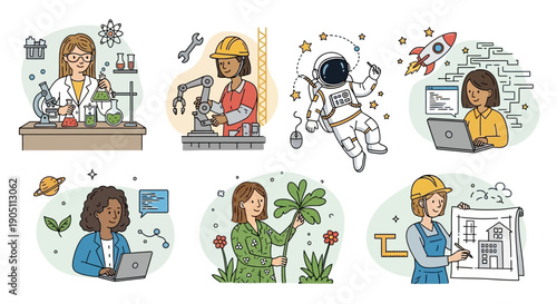Diverse Women in STEM Careers Engaged in Various Activities and Experiments