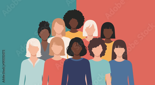 Diverse group of women standing together in a split-colored background illustration