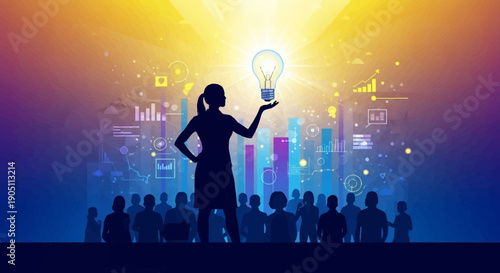 Businesswoman holding lightbulb standing on stage in front of a crowd with financial graphs in the background, illustration