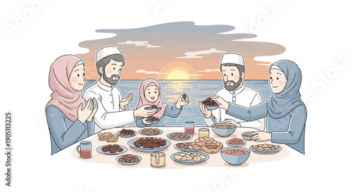 Family shares a meal together by the seaside at sunset with joy and celebration