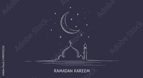 Serene Mosque Silhouette Under Crescent Moon in Night Sky Illustration