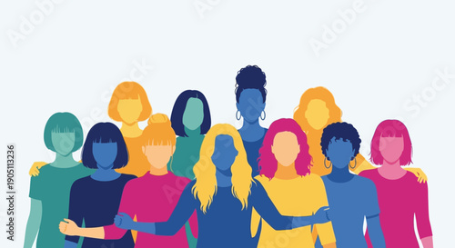 Diverse group of people standing together in unity and solidarity, illustrated from a frontal viewpoint, showcasing community and togetherness.