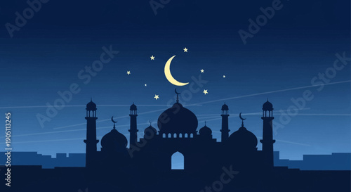 Silhouette of a mosque at dusk with crescent moon and stars in the night sky